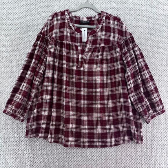 Lane Bryant Top Womens 22 Plus Burgundy Plaid Textured V-Neck Fall New - Picture 1 of 14